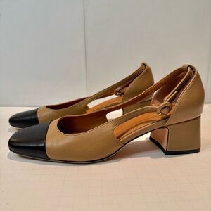 J. McLaughlin Callie Leather Slingback Tan and Black Block Heel Pumps 7.5
